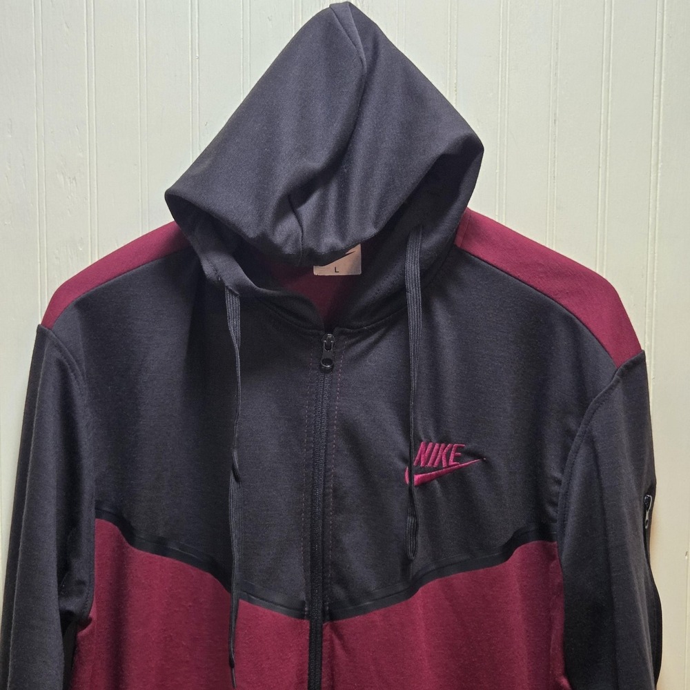 Nike Hoodie Mens Large Red Black Full Zip Fleece Colorblock Athletic Sweatshirt